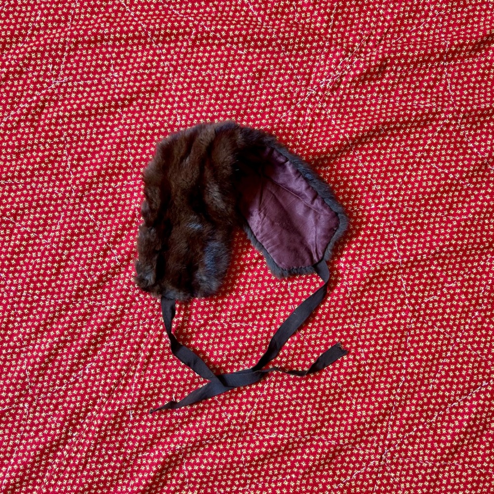 Vintage antique 1920s Brown Real Fur and silk Ear Muffs Headband Tie Closure